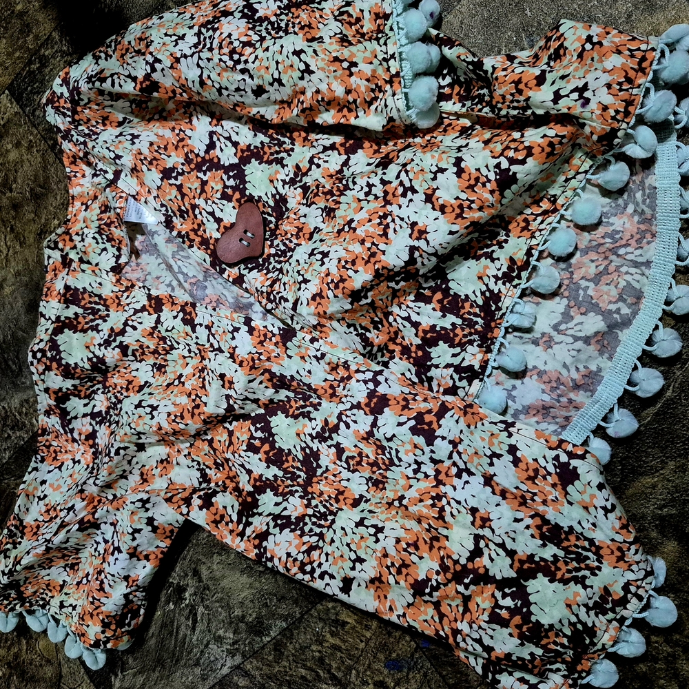 Kids Floral Patterned Poncho with Pom-Poms